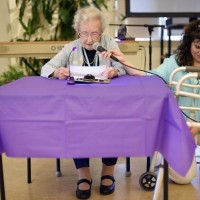 Elinor Down, 103, with Julie Washburn, program manager